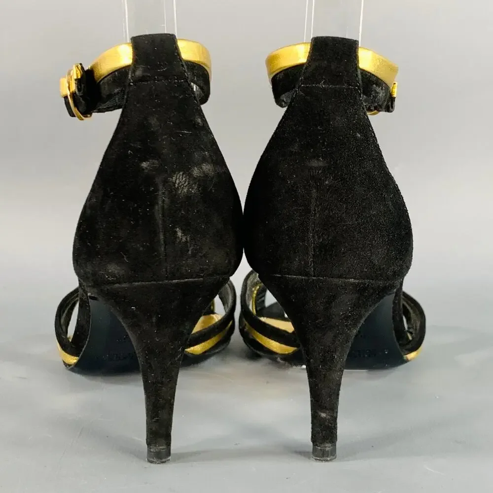 RALPH LAUREN 6 Black Metallic Gold Suede Leather Strappy Ankle Strap Sandals